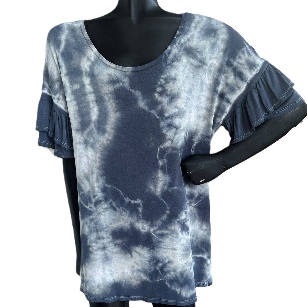 3/$25 🆕 Hand Tie-Dyed Ruffle Sleeve Tee | Denim Blue & White | Rayon